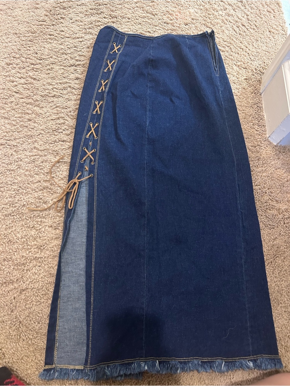 Y2K Dark Blue Denim Cowgirl Brown Lace-Up Maxi Skirt